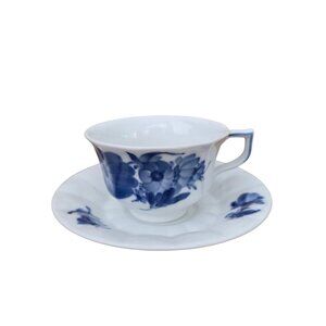 Royal Copenhagen Denmark Blue Flowers Ribbed Footed Cup + Saucer 8500